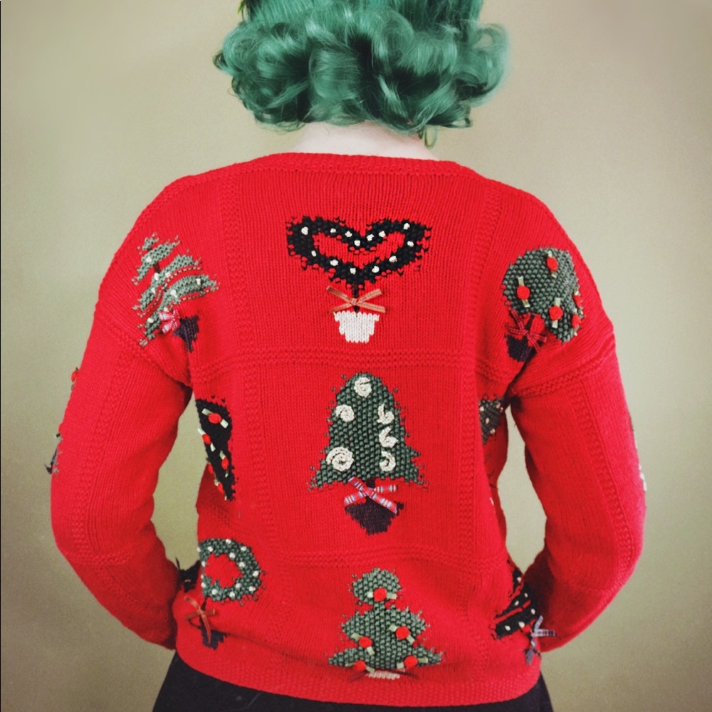 Red Hand Knit Vintage “Ugly Christmas” Sweater - Picture 3 of 3